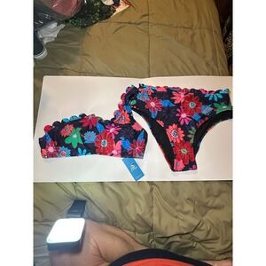 Cupshe Womens Floral One Shoulder Scalloped High Waisted Bikini Set Navy Size M